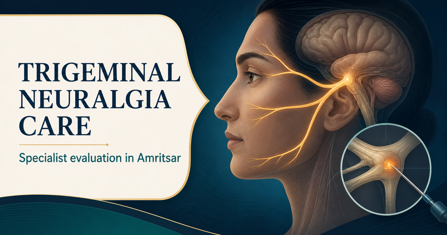 Trigeminal neuralgia illustration showing the three facial branches of the trigeminal nerve