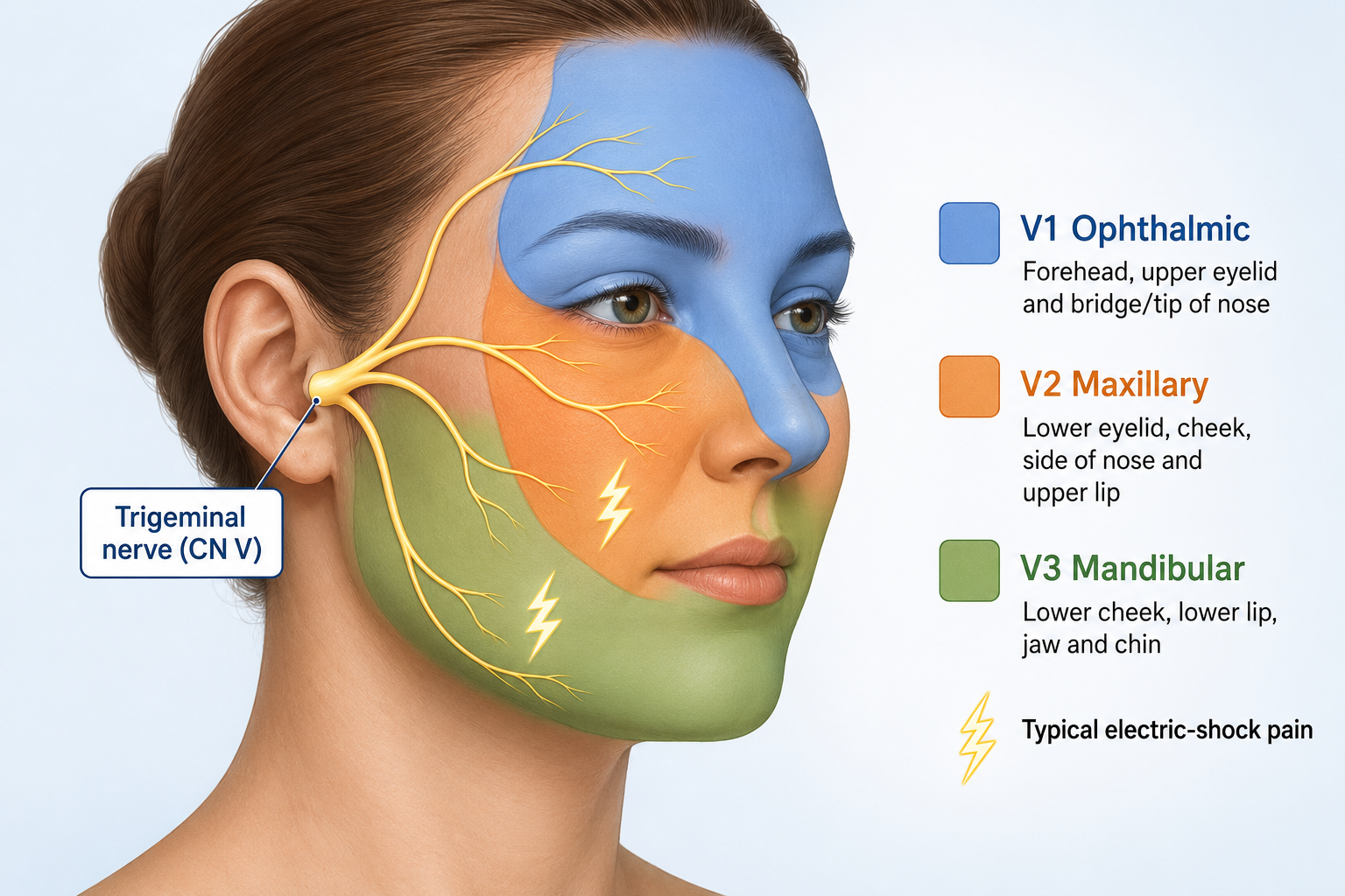 Trigeminal nerve distribution showing the V1 ophthalmic, V2 maxillary and V3 mandibular facial regions